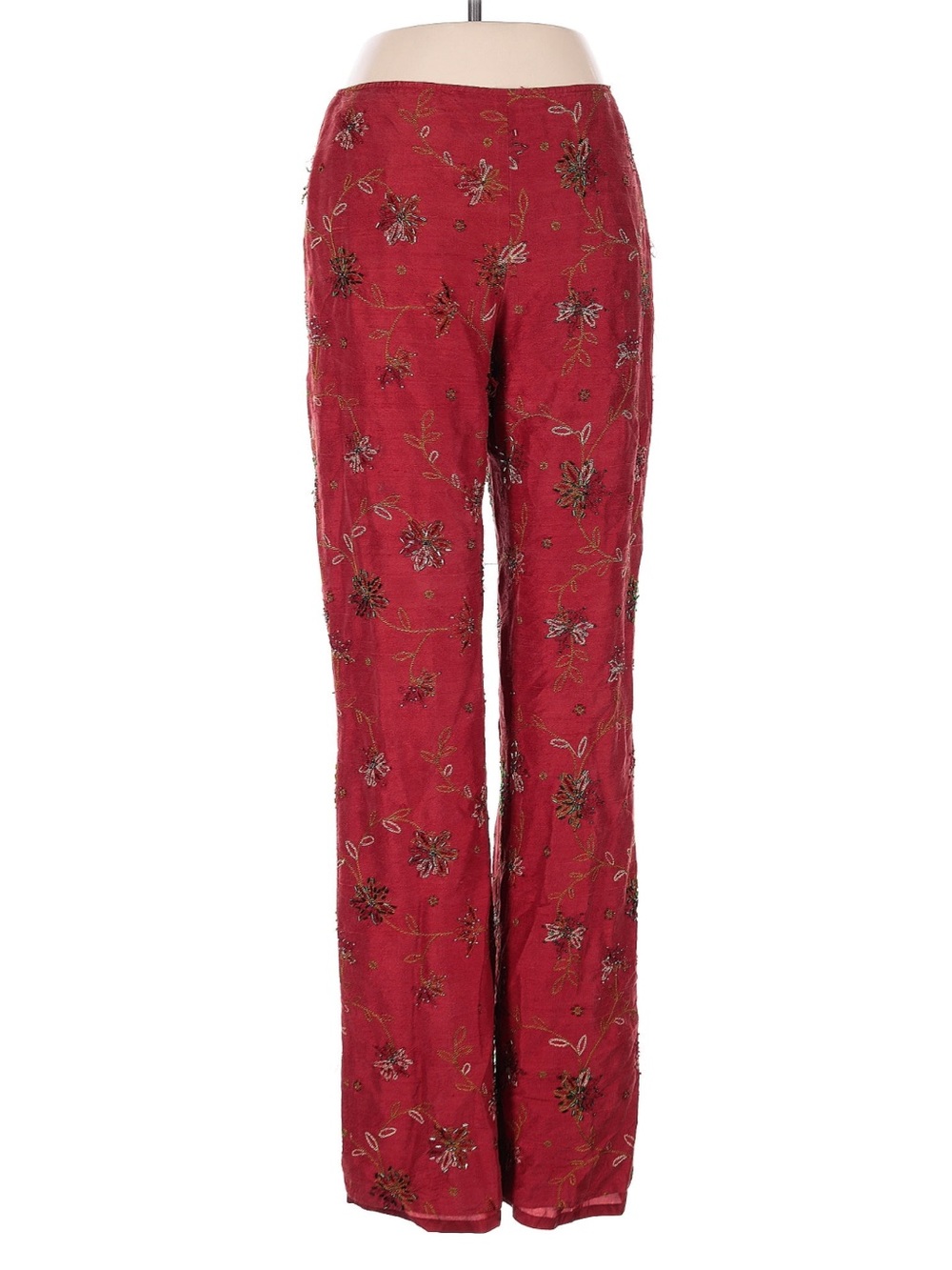 Muse 100% Silk Red Embroidered Wide-Leg Pants with Metallic Accents